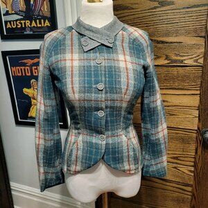 Vintage 1940s plaid wool fall button up jacket blue grey Size S/M